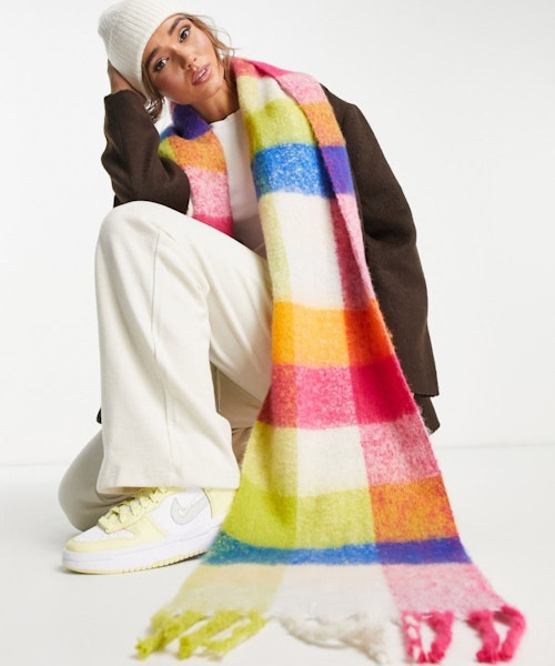 ASOS DESIGN fluffy tassel scarf in bright check