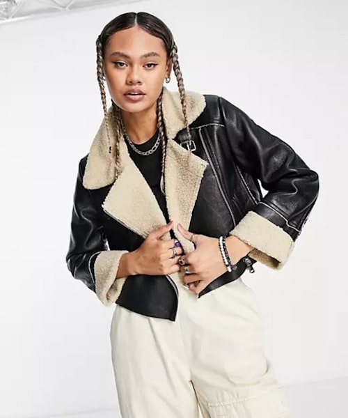 Stradivarius STR faux leather aviator jacket with contrast borg lining in black