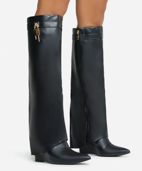 Alexis Padlock Detailed Pointed Toe Wedge Long Boots