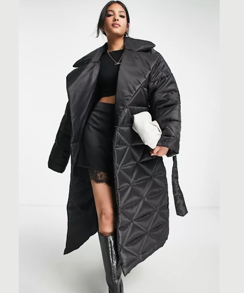 ASOS DESIGN Nylon Quilted Maxi Puffer Coat in Black