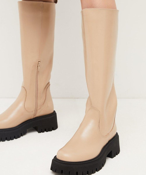Leather Knee High Flat Boot