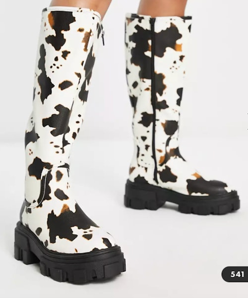 ASOS DESIGN Carla Chunky Flat Boots in Cow Print