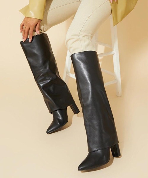 PLT Black Wide Fit Pointed Fold Over Block Heel Knee Boots