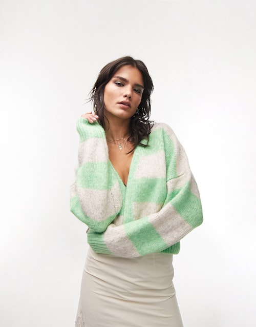 Topshop knitted stripe short cardi in green