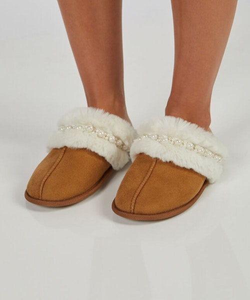 Boux Avenue Pearl suedette mule slippers - Tan