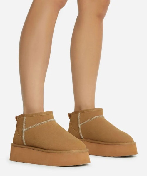 EGO Pumpkin Platform Sole Faux Fur Lining Ultra Mini Ankle Boot In Chestnut Faux Suede