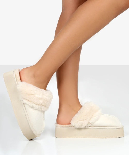 Public Desire Cosy Cream Faux Suede Platform Slider Slipper