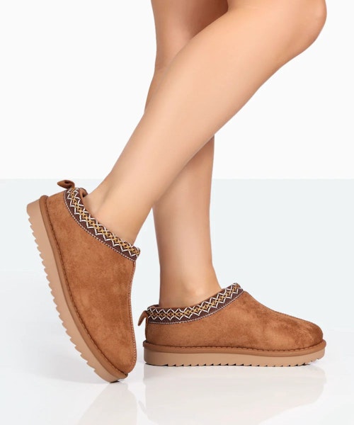 Public Desire Tamsin Tan Faux Suede Embroidered Slipper Boots
