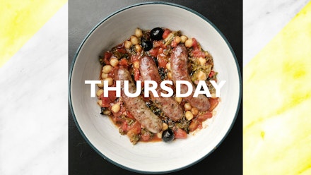 Thursday – Harissa & honey sausage bake, 35 mins Thursday – Harissa & honey sausage bake, 35 mins