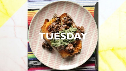 Tuesday – Baked sweet potato with black beans, mushrooms and mint salsa, 45 mins Tuesday – Baked sweet potato with black beans, mushrooms and mint salsa, 45 mins