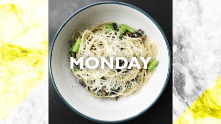 Monday – Mushroom & asparagus carbonara, 25 mins Monday – Mushroom & asparagus carbonara, 25 mins