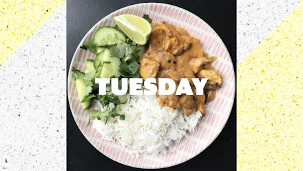 Tuesday – Chicken satay with rice and pickled cucumber, 30 mins +marinating time Tuesday – Chicken satay with rice and pickled cucumber, 30 mins +marinating time