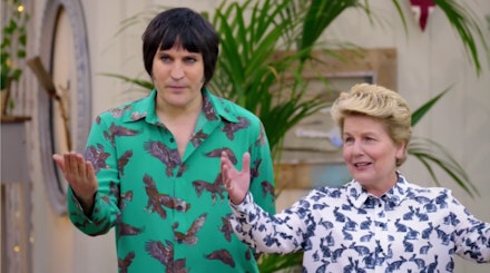 Noel Fielding in green eagle shirt with Sandi Toksvig Noel Fielding in green eagle shirt with Sandi Toksvig