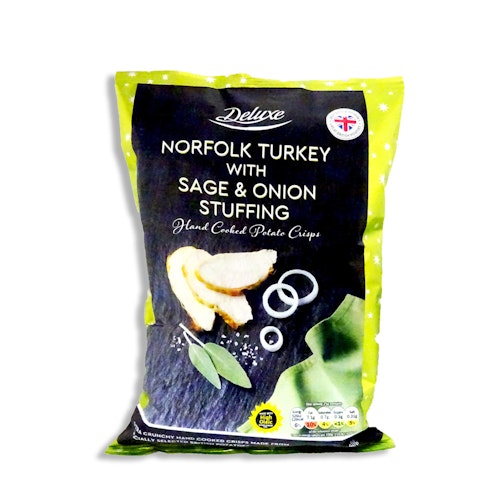 Lidl Deluxe Christmas Norfolk Turkey & Sage and Onion Stuffing Hand Cooked Potato Crisps, 75p