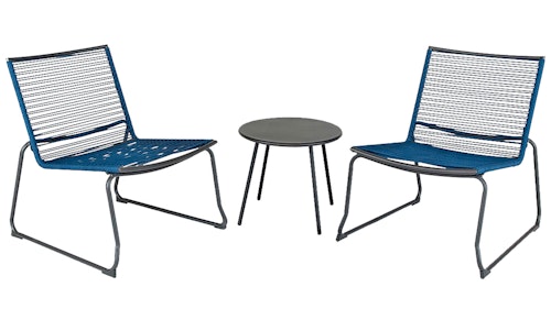 blue chairs and round side table