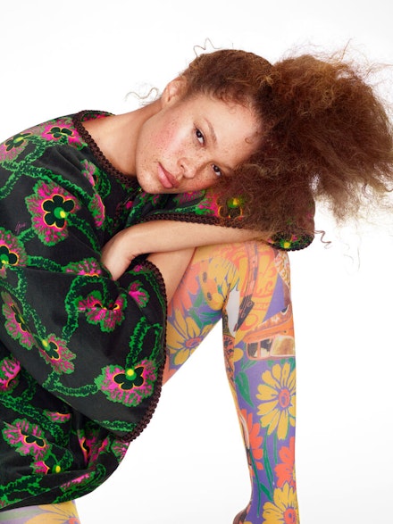 Sabina Karlsson wearing a floral dress and tights Sabina Karlsson wearing a floral dress and tights