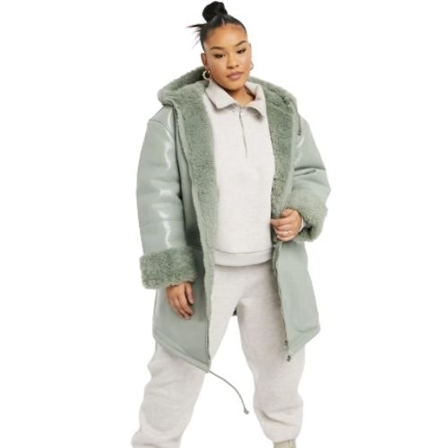 ASOS DESIGN Curve leather look parka with borg lining