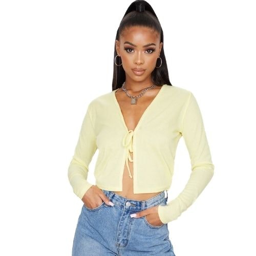 Lemon Rib Tie Front Long Sleeve Crop Top
