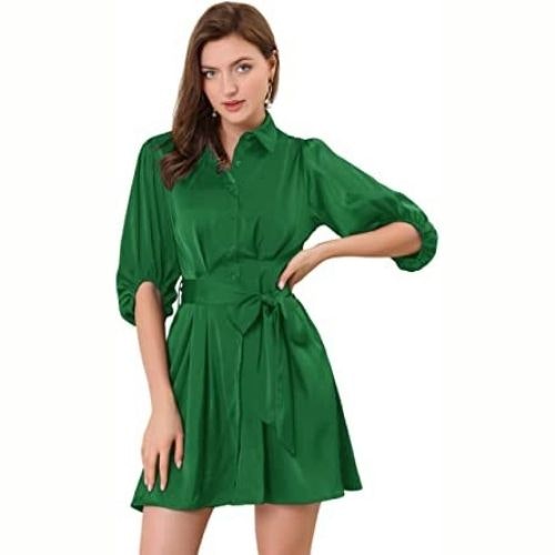 Allegra K Women's Belted Button Down Shirt Dress