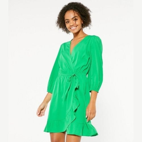 Green Ruffle Wrap Mini Dress