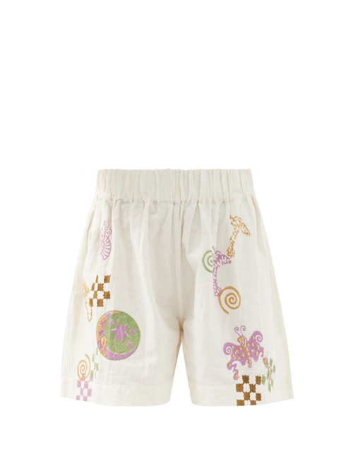 Story MFG, Yearh Spiral Trip-Print Organic-Cotton Shorts, £230