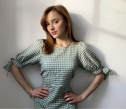 phoebe dynevor wearing green gingham dress nobody's child phoebe dynevor wearing green gingham dress nobody's child