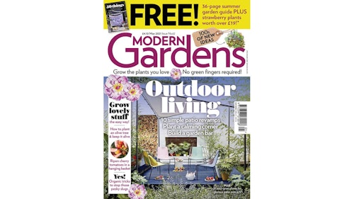 May cover of Modern Gardens magazine with colourful chairs on a deck with a sail shade