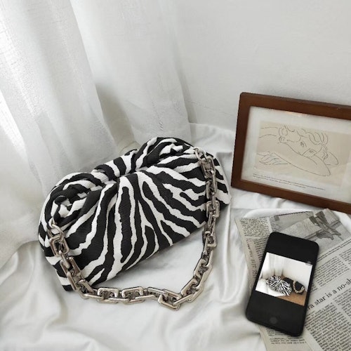 Soft Voluminous Clutch With Square Ring Chain Shoulder PU Strap Zebra Print Sling Bag Big Silver Chain Handbags For Girl