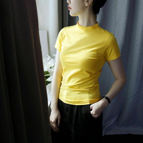 Women Basic Pullover T-shirt Turtleneck Shirt Tops Shorts Sleeve Slim Fit Blouse