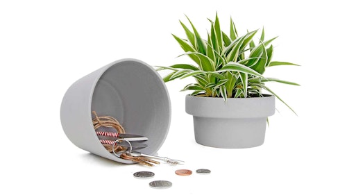 Grey plant pot with hideaway for keys and money
