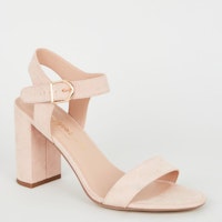 Pale Pink Suedette Ankle Strap Block Sandals