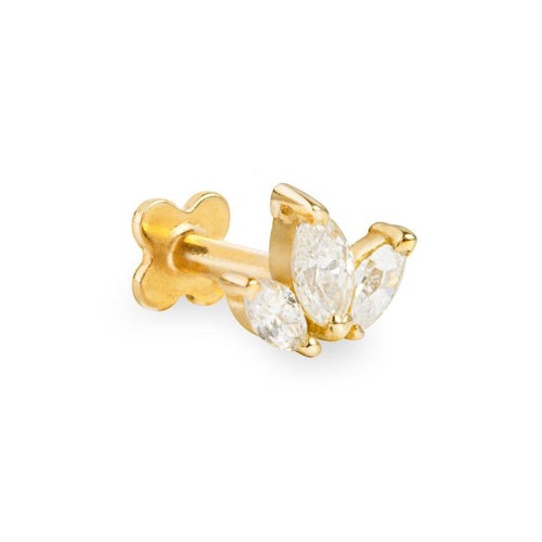 Helix & Conch, Alba 9k solid yellow gold internally threaded marquise cut crystal labret stud, £76