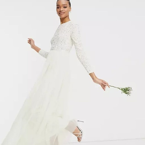 Maya Bridal long sleeved maxi dress with delicate sequin and tulle skirt in ecru