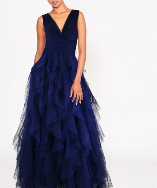 Bridesmaid Leonora Navy Ruffle Mesh Maxi Dress