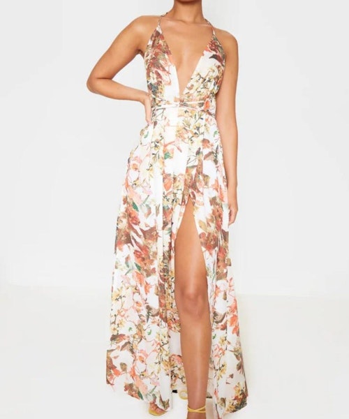 White Floral Print Chiffon Halterneck Maxi Dress