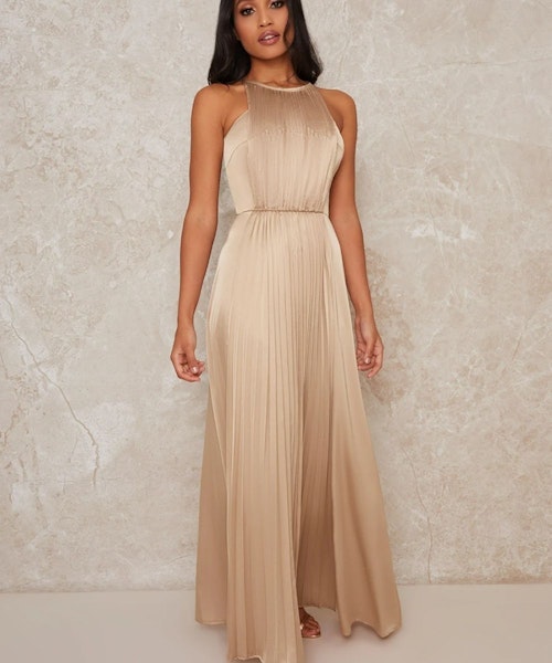 High Neck Pleat Satin Maxi Dress in Champagne