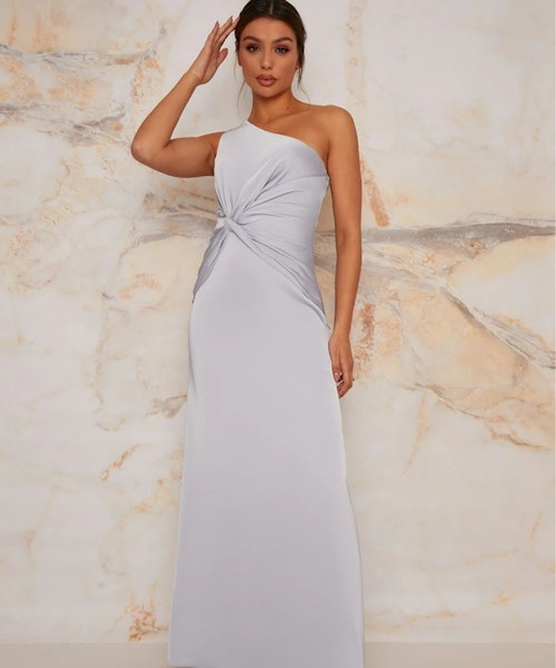 One Shoulder Satin Finish Maxi Bridesmaids Dress in Blue