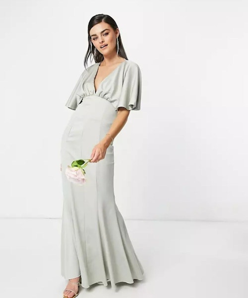 ASOS DESIGN Bridesmaid drape back satin maxi dress with button back detail