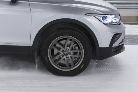 A winter tyre being tested in the snow A winter tyre being tested in the snow