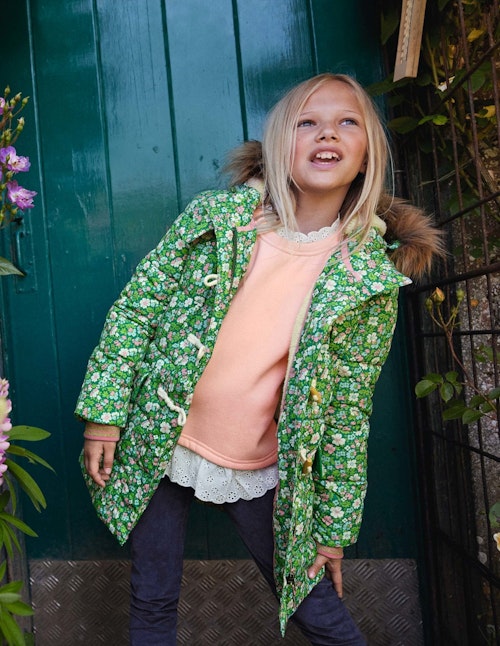 Boden, Longline Padded Jacket Forest Green Floral, From £57