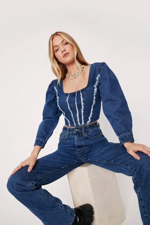 NastyGal Frayed Seam Volume Sleeve Corset Top