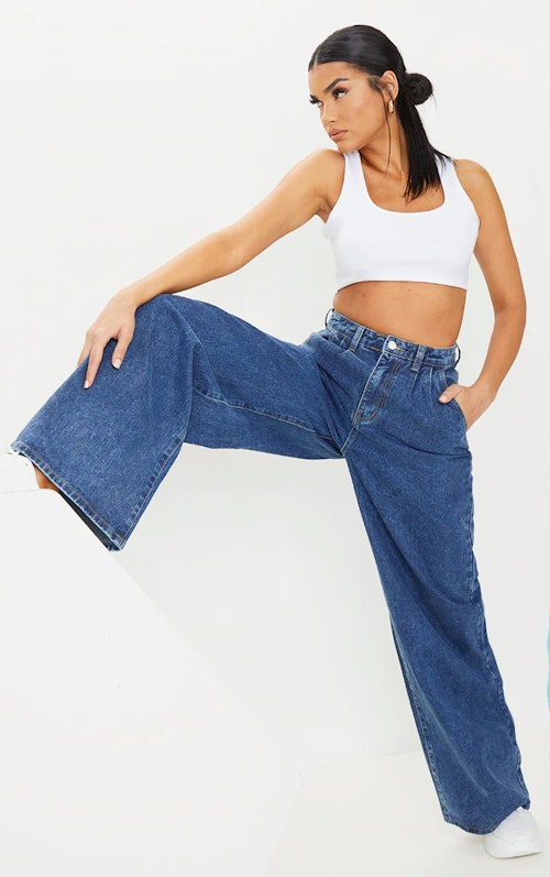 DARK BLUE WASH SEAM DETAIL WIDE LEG BAGGY JEANS