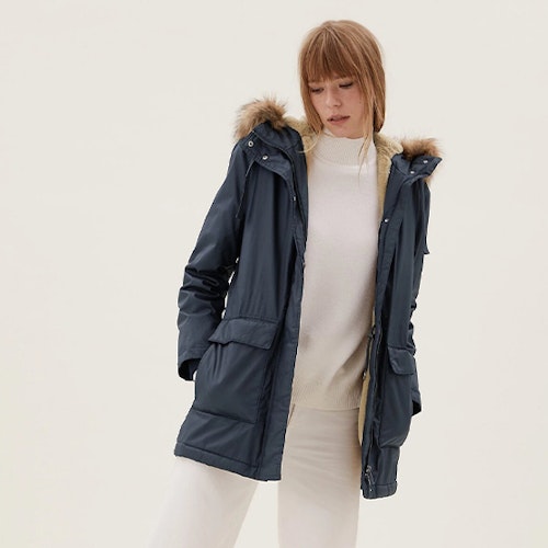 Navy Faux Fur Hood Parka Coat