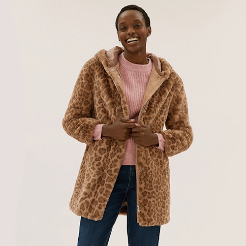 Faux Fur Leopard Print Hooded Coat