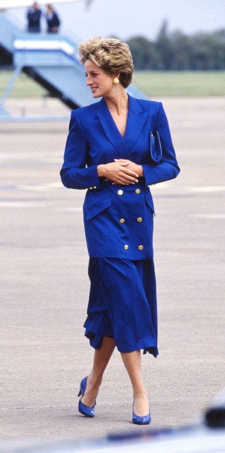 Princess Diana wearing a royal blue skirt suit Princess Diana wearing a royal blue skirt suit