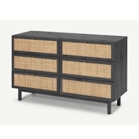 Wide Chest of Drawers, Natural Rattan & Black Wood Effect