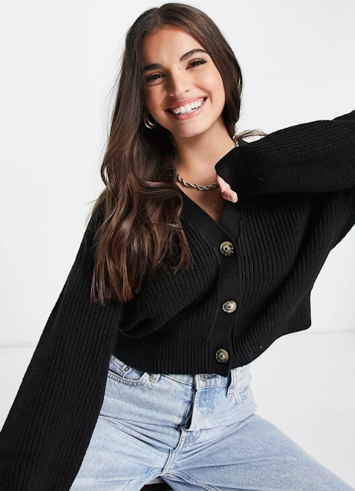 Monki Zeta Organic Cotton Ribbed Cardigan in Black