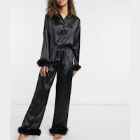 Night satin shirt and trouser pyjama set with detachable feather trims