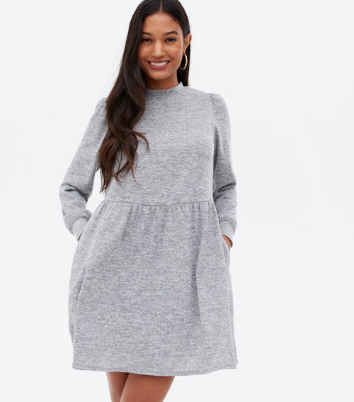 Pale Grey Marl Jersey Mini Oversized Smock Dress