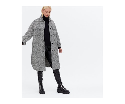 Black Bouclu00e9 Pocket Front Oversized Shacket
